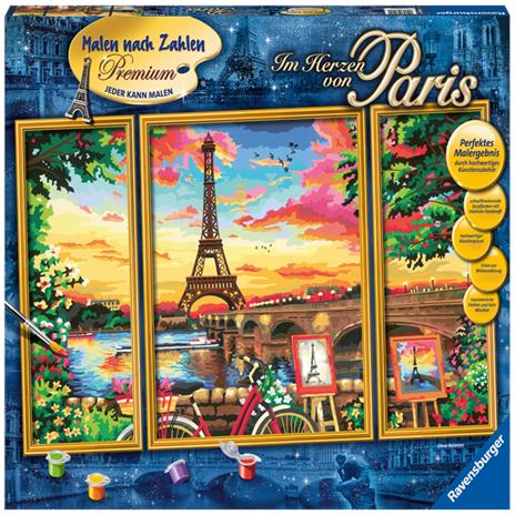 Ravensburger - CreArt Trittico, Paris Reflections, Parigi, Kit Dipingere i Numeri, Contiene 3 Tavole Prestampate, Pennello