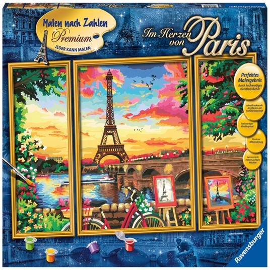 Ravensburger - CreArt Trittico, Paris Reflections, Parigi, Kit Dipingere i Numeri, Contiene 3 Tavole Prestampate, Pennello
