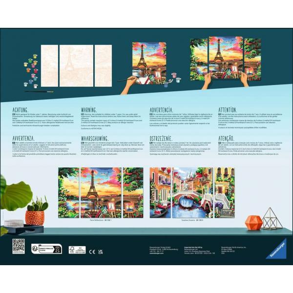 Ravensburger - CreArt Trittico, Paris Reflections, Parigi, Kit Dipingere i Numeri, Contiene 3 Tavole Prestampate, Pennello